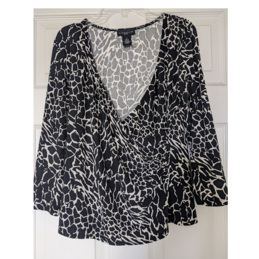 Rafaella Black and White Wrap 3/4 Sleeve Blouse size Petite S